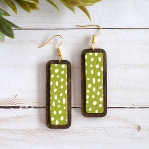 Boho Dangle Earrings, Rectangle Bar Shaped Wood Frame with White Doodle Dots on Olive Green Printed Cork Inlay,Handmade Jewelry Gift for her