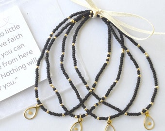 Real Mustard Seed Charm Stretch Bracelet, Black, Dainty Seed Beads and 2mm Gold Filled Accent Beads, Christian Faith Encouragement Gift Idea