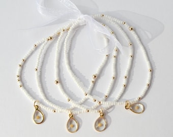 Real Mustard Seed Charm Stretch Bracelet, White, Dainty Seed Beads and 2mm Gold Filled Accent Beads, Christian Faith Encouragement Gift Idea