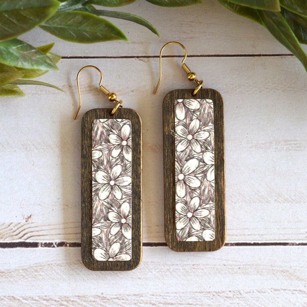 Boho Dangle Earrings,  Rectangle Bar Shaped Wood Frame Bezel with Tan and White Floral Print Leather Inset,  Handmade Jewelry,  Gift for her