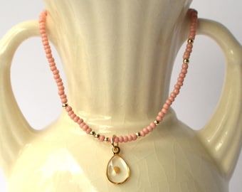 Real Mustard Seed Charm Stretch Bracelet, Dusty Rose, Seed Beads and 2mm Gold Filled Accent Beads, Christian Faith Encouragement Gift Idea