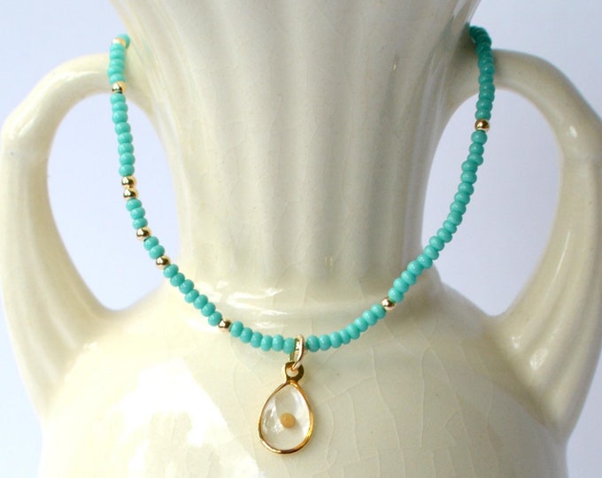 Real Mustard Seed Charm Stretch Bracelet, Turquoise Dainty Seed Beads + 2mm Gold Filled Accent Beads,Christian Faith Encouragement Gift Idea