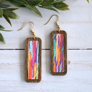 Boho Dangle Earrings, Rectangle Bar Shaped Wood Frame with Bright Rainbow Striped Print Leather Inlay, Handmade Jewelry, Lightweight Jewelry