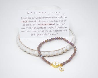Real Mustard Seed Charm Stretch Bracelet with Brass Trim Enamel Cross Bead and Lavender Faceted beads, Christian Faith Encouragement Gift