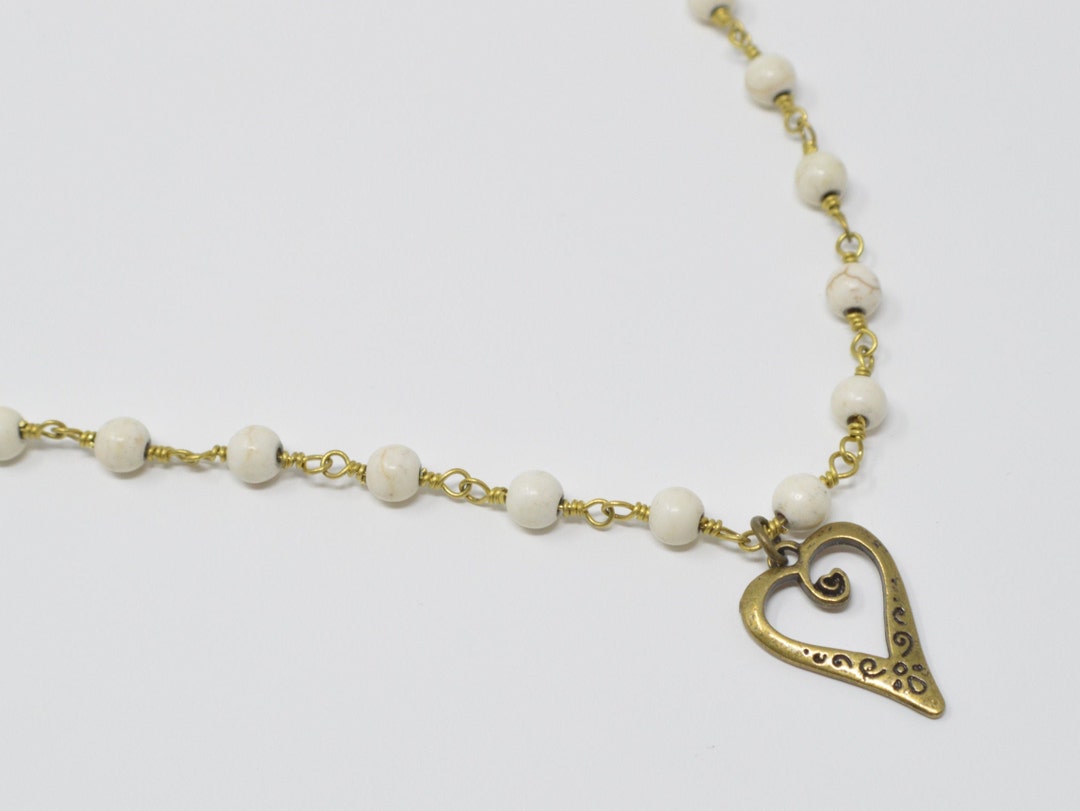 Beaded Necklace Antique Gold Heart Charm on White Bead - Etsy