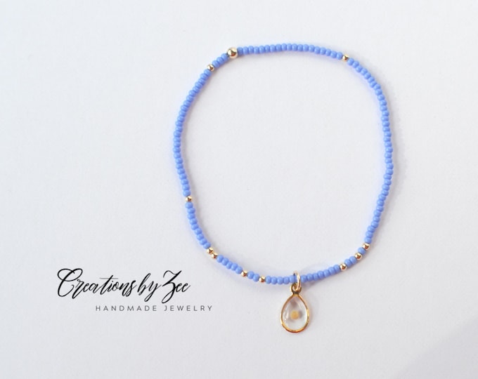 Real Mustard Seed Charm Stretch Bracelet, Opaque Blue Dainty Seed Beads and 2mm Gold Filled Accent Beads, Christian Faith Encouragement Gift