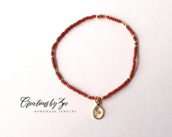 Real Mustard Seed Charm Stretch Bracelet, Dark Lava Red Dainty Seed Beads + 2mm Gold Filled Accent Beads, Christian Faith Encouragement Gift