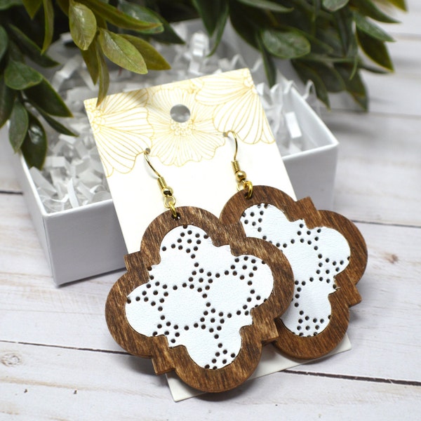 White Leather and Wood Quatrefoil Shaped Earrings