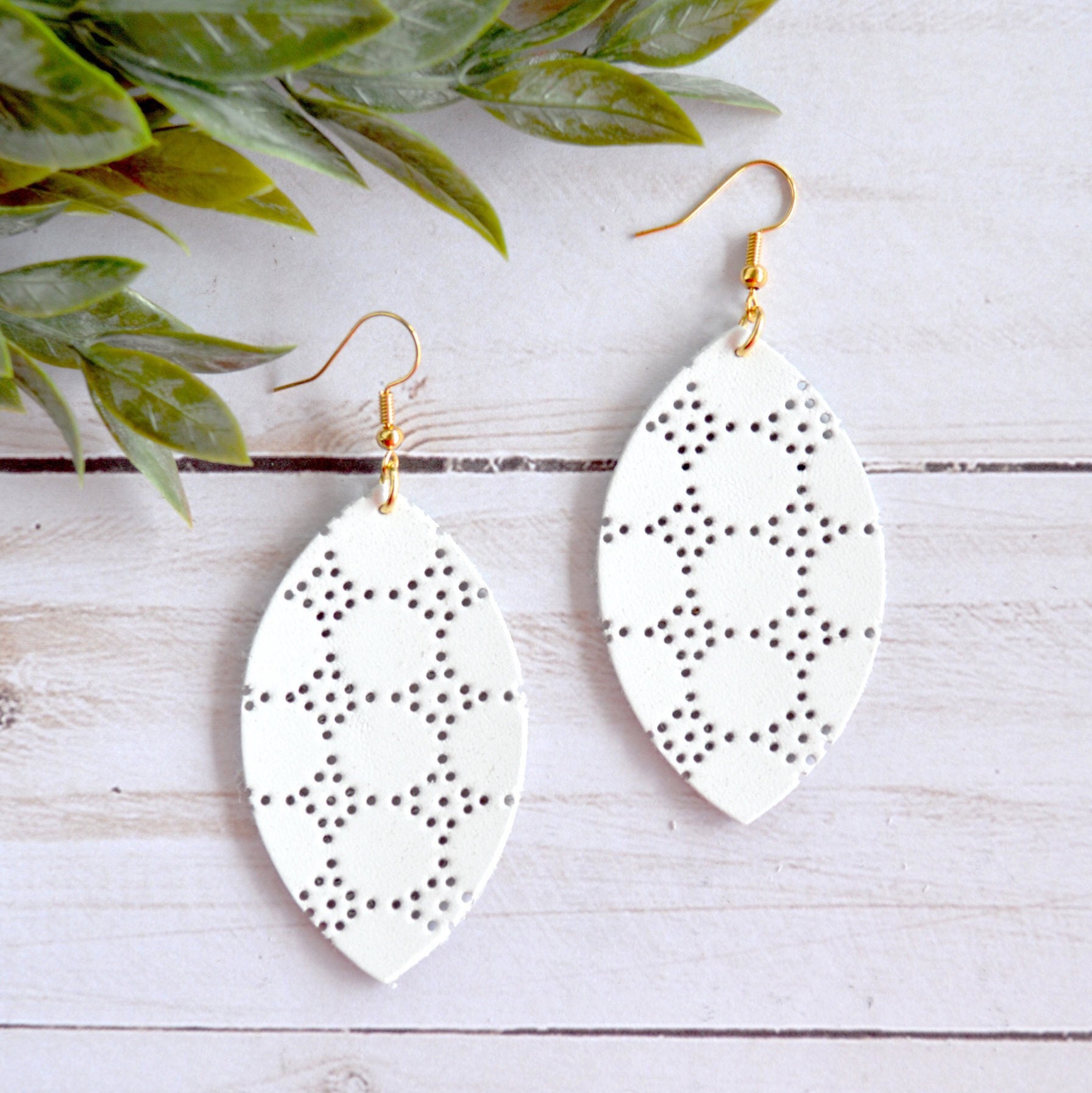 Petal Shaped Leather Earrings White Swiss Dot Eyelet Pattern