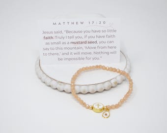 Real Mustard Seed Charm Stretch Bracelet with Brass Trim Enamel Cross Bead and Nude Faceted beads|Christian Faith Encouragement Gift for her