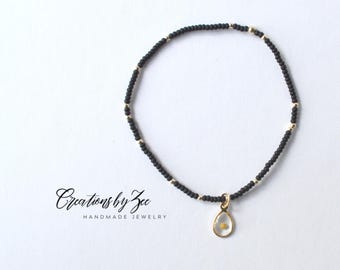 Real Mustard Seed Charm Stretch Bracelet, Black, Dainty Seed Beads and 2mm Gold Filled Accent Beads, Christian Faith Encouragement Gift Idea