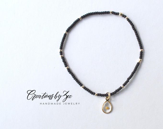 Real Mustard Seed Charm Stretch Bracelet, Black, Dainty Seed Beads and 2mm Gold Filled Accent Beads, Christian Faith Encouragement Gift Idea