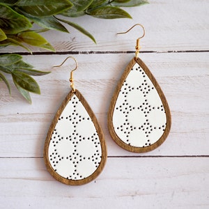 Leather Earrings || Wood Earrings || White Leather and Wood Teardrop Earrings