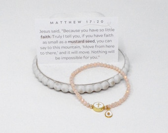Real Mustard Seed Charm Stretch Bracelet with Brass Trim Enamel Cross Bead and Pink Faceted beads|Christian Faith Encouragement Gift for her