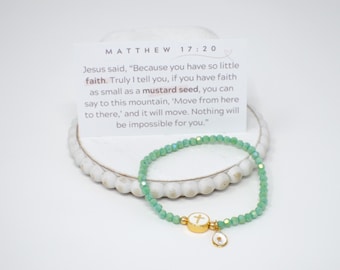 Real Mustard Seed Charm Stretch Bracelet with Brass Trim Enamel Cross Bead and Pale Green Faceted beads, Christian Faith Encouragement Gift
