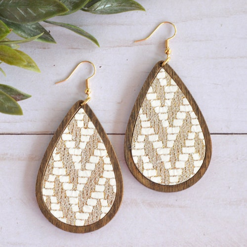 Wood Teardrop Earrings with Black or Brown Basket Weave Leather main image 1