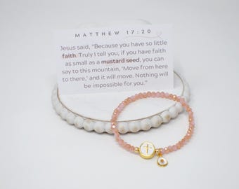 Real Mustard Seed Charm Stretch Bracelet with Brass Trim Enamel Cross Bead and Pink Faceted beads|Christian Faith Encouragement Gift for her