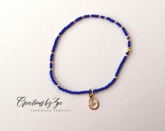 Real Mustard Seed Charm Stretch Bracelet, Royal Blue Dainty Seed Beads and 2mm Gold Filled Accent Beads, Christian Faith Encouragement Gift
