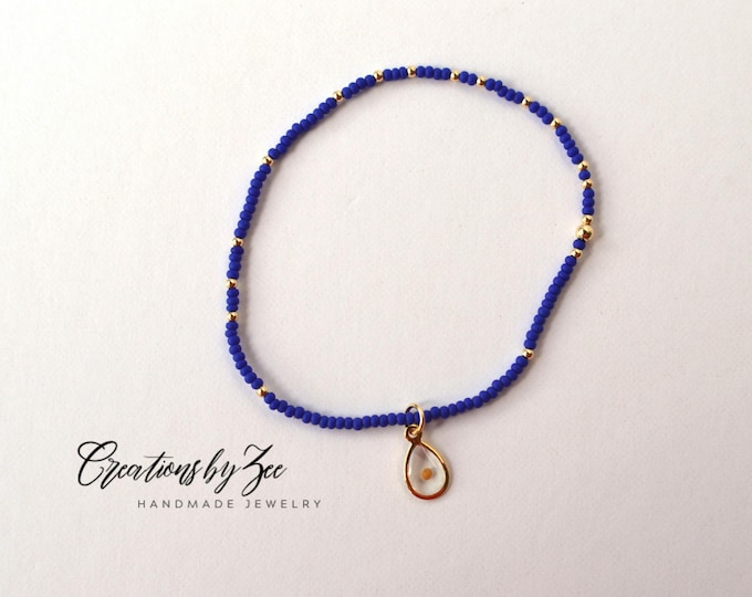 Real Mustard Seed Charm Stretch Bracelet, Royal Blue Dainty Seed Beads and 2mm Gold Filled Accent Beads, Christian Faith Encouragement Gift