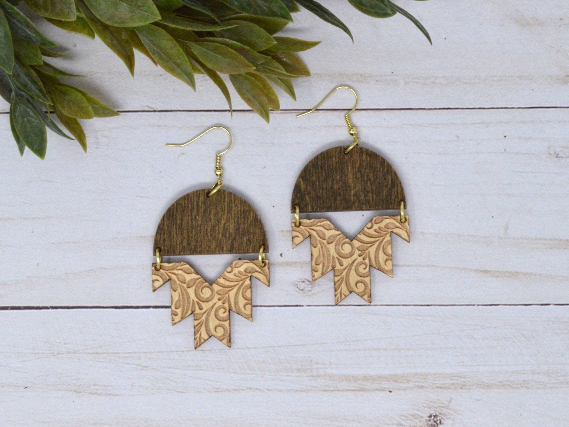 Wood Earrings Boho Western Style Laser Engraved Wooden Dangle