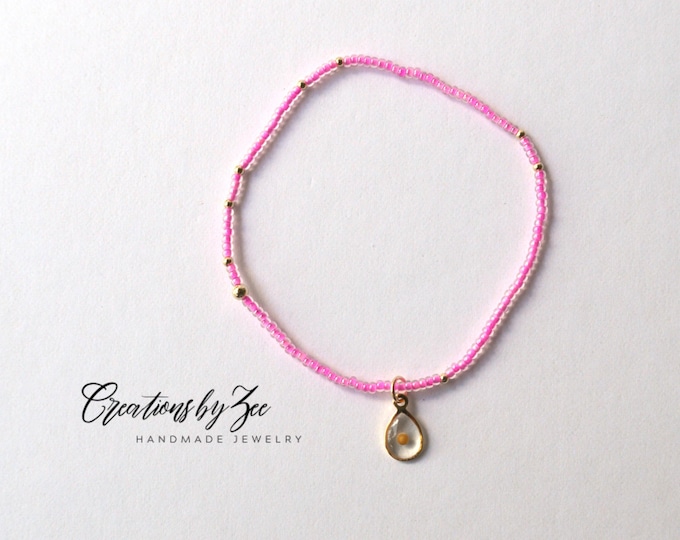 Real Mustard Seed Charm Stretch Bracelet, Hot Pink Crystal Seed Beads + 2mm Gold Filled Accent Beads,Christian Faith Encouragement Gift Idea