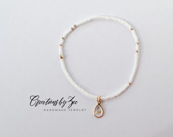Real Mustard Seed Charm Stretch Bracelet, White, Dainty Seed Beads and 2mm Gold Filled Accent Beads, Christian Faith Encouragement Gift Idea