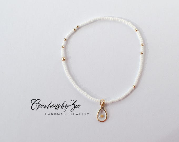 Featured listing image: Real Mustard Seed Charm Stretch Bracelet, White, Dainty Seed Beads and 2mm Gold Filled Accent Beads, Christian Faith Encouragement Gift Idea