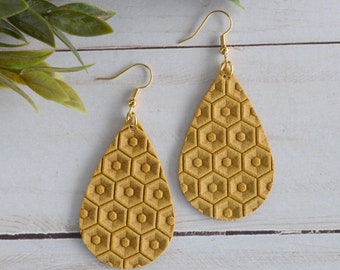 Leather Earrings || Teardrop Shape Leather Earrings || Light Oak/Mustard Color Honeycomb Pattern