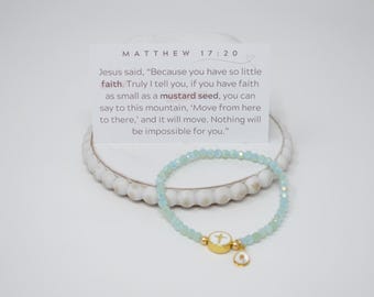 Real Mustard Seed Charm Stretch Bracelet with Brass Trim Enamel Cross Bead and Light Green Faceted beads, Christian Faith Encouragement Gift