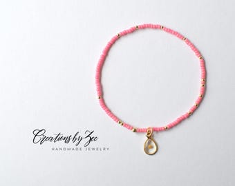 Real Mustard Seed Charm Stretch Bracelet, Bubblegum Pink Seed Beads and 2mm Gold Filled Accent Beads, Christian Faith Encouragement Gift