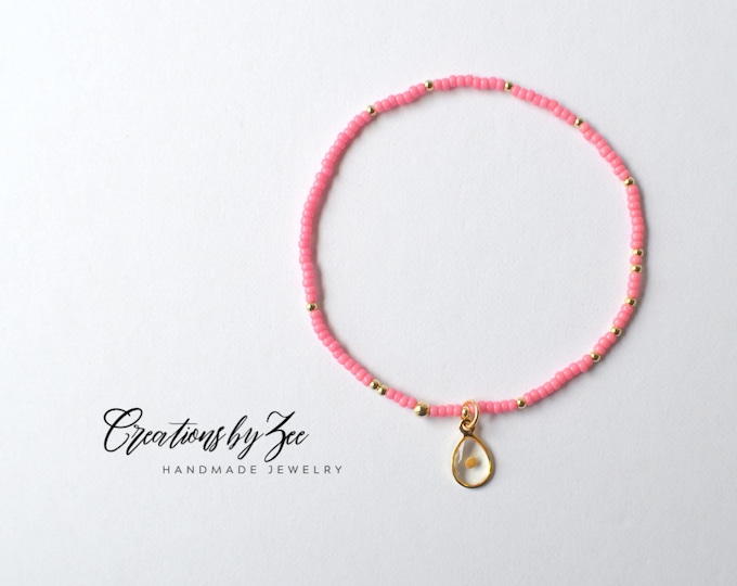 Real Mustard Seed Charm Stretch Bracelet, Bubblegum Pink Seed Beads and 2mm Gold Filled Accent Beads, Christian Faith Encouragement Gift