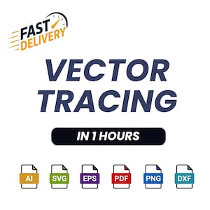 Pode incluir: Um anúncio de design gráfico com o texto FAST DELIVERY e um ícone de velocímetro, as palavras VECTOR TRACING em azul escuro e o texto IN 1 HOURS dentro de um retângulo preto arredondado, com seis ícones de formato de arquivo abaixo.