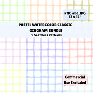 May include: A digital bundle of 9 seamless pastel watercolor gingham patterns in various colors. The text reads: PASTEL WATERCOLOR CLASSIC GINGHAM BUNDLE, 9 Seamless Patterns, PNG and JPG 12 x 12", and Commercial Use Included. The grid lines are soft.