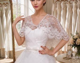 Bridal Lace Capelet Shrug, Wedding Dress Cover Up, Rhinestone Bolero Wrap for Bride, Elegant Shawl Stole for Prom Evening Party