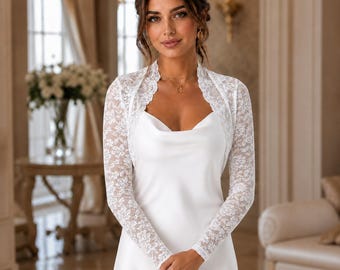 Bridal Lace Bolero Shrug, White Floral Lace Bridal Cover Up, Long Sleeve Wedding Bolero, Sheer Lace Cardigan, Bride Shawl Gift