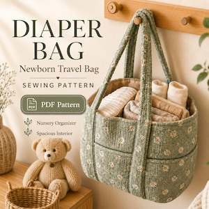 May include: A sage green quilted diaper bag featuring a white daisy print, two long shoulder straps, and a spacious interior. The text reads: DIAPER BAG, Newborn Travel Bag, SEWING PATTERN, PDF Pattern, Nursery Organizer, Spacious Interior.