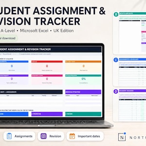 May include: A digital student assignment and revision tracker for Microsoft Excel, displayed on a laptop screen. The interface features colourful dashboard sections for tracking weekly tasks, deadlines, and revision progress, with additional views for setup, subjects, and specific assignment details.
