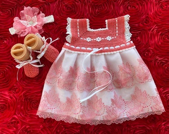 Newborn Baby Girl Dress Set - Coral & White