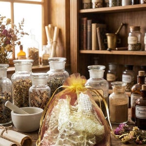 May include: A translucent, off-white snakeskin shed contained within a small, gold-coloured organza drawstring pouch. The pouch is positioned on a wooden surface alongside various glass apothecary jars filled with dried herbs and powders.