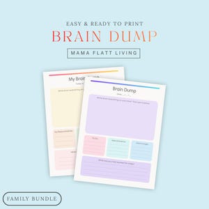 May include: Two printable brain dump planner sheets with pastel-coloured sections for tasks, appointments, and notes. The text reads "EASY & READY TO PRINT BRAIN DUMP", "MAMA FLATT LIVING", "My Brain Dump", "Brain Dump", "To Do", "Appointments", "Don't Forget", and "FAMILY BUNDLE".