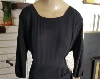 1940s Black Wool Rayon Crepe' Evening Cocktail Dress!! Size 14/16