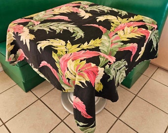 NEW!! 1950's Black Palm Cotton Table Cloth with Pinks, Limes, Greens and Yellows!  44" X 46"