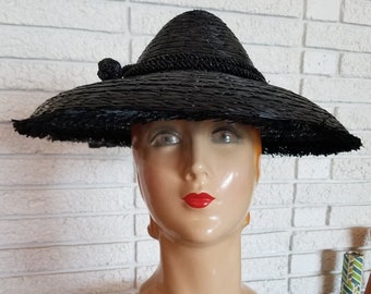 NEW!! 1950's Black Raffia Weave Summer/Fall Hat! Soo Vogue!!