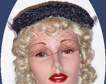 1950's Navy Cocktail Hat with Netting!