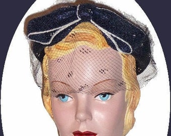 1950's Navy Straw Weave Hat with Netting!!