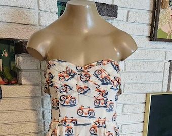 Retro 1950's Strapless Cotton Summer Dress with Bicycle Pattern! Size 12