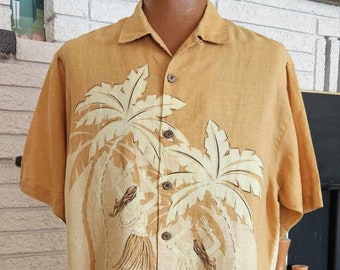 Camisa hawaiana de lino retro: Tommy Bahama Palm Hula Dancers, talla M