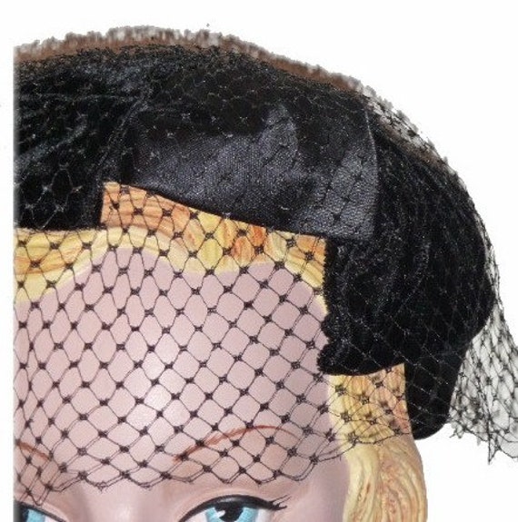 1950's Black Cocktail Hat with netting!! - image 2