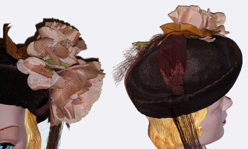 1940s Brown Straw Weave Suit Hat with Big Floral image 2