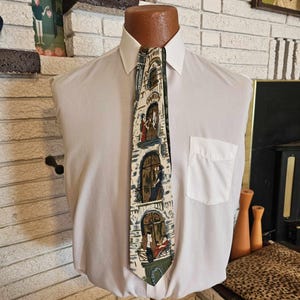 Retro Men&#39;s Silk Tie with Victorian Scene in Greens, Tans and Blues!